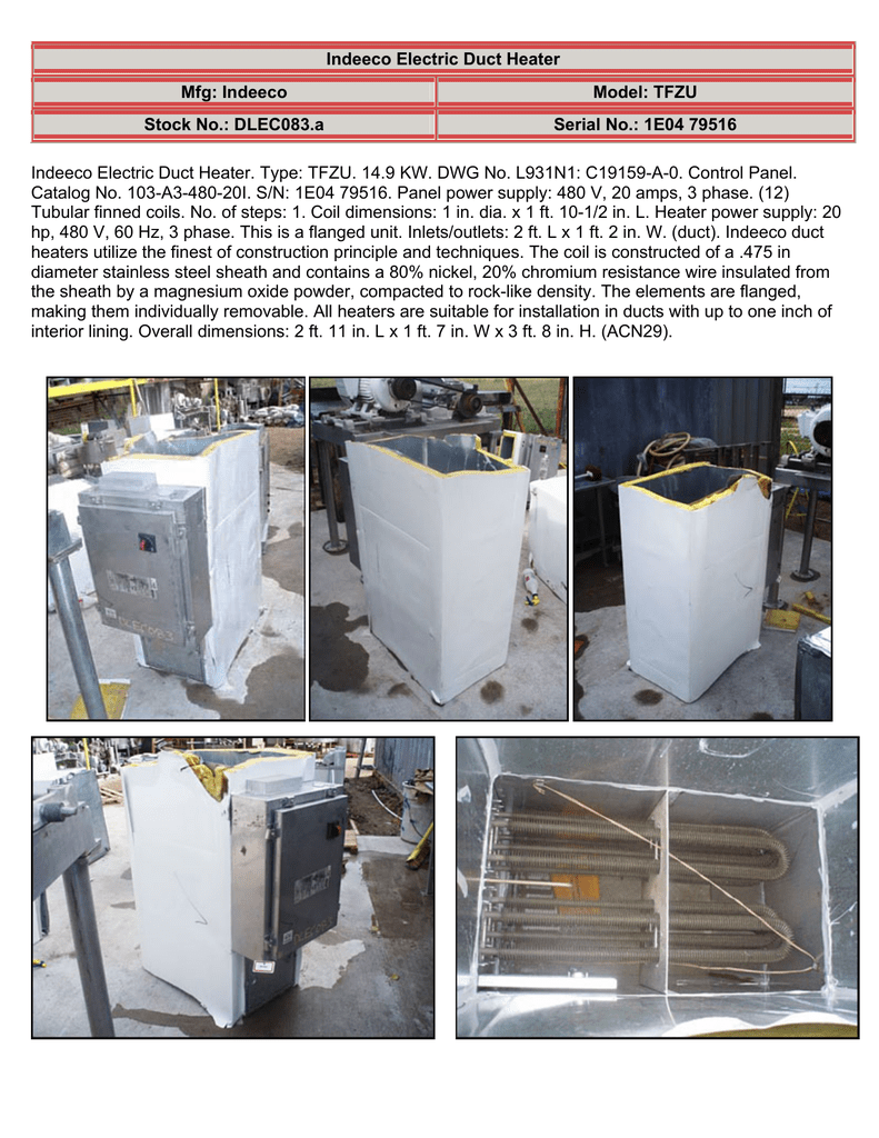 Indeeco Electric Duct Heater. Type TFZU. 14.9 KW. DWG No.... Catalog